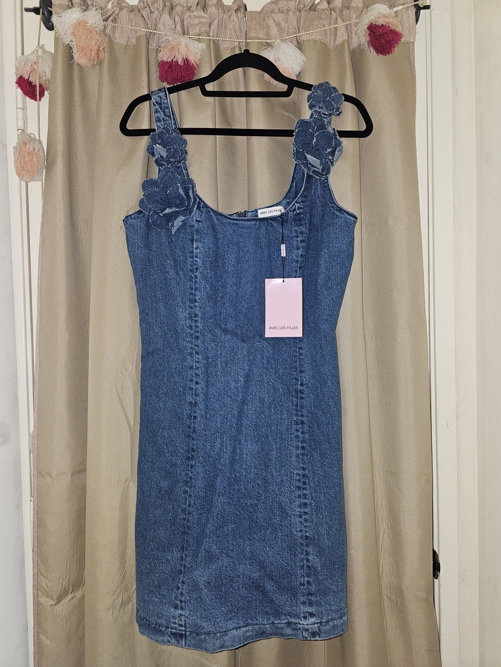Avec Les Filles Blue Denim Floral-Trim Tank Dress